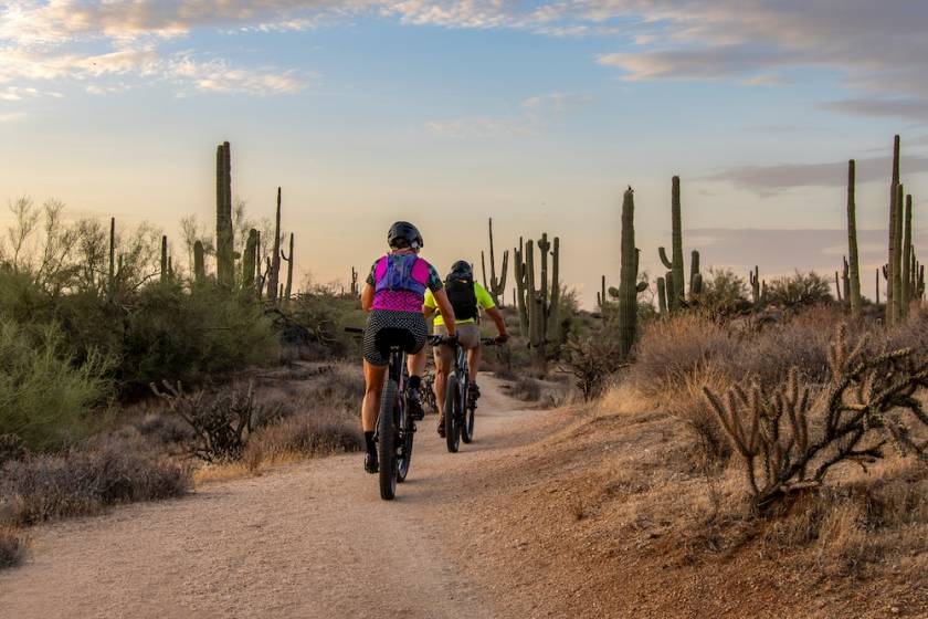 Two people riding mountain bikes through a desert preserve trail