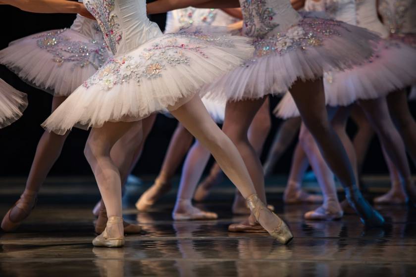 Closeup of ballerinas dancing on a stage during a performance